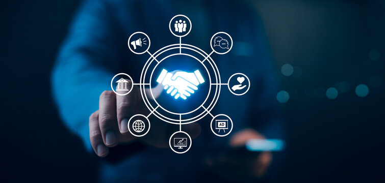 Business ecosystems and partnerships concept. Business collaboration strategies. The complex network of organizations to create value for customers acquisition , suppliers, and other stakeholders.