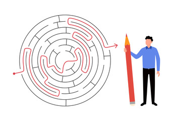 Solving business problem, creativity or imagination to think about solution, strategy and planning to business success concept. Businessman solve maze puzzle.