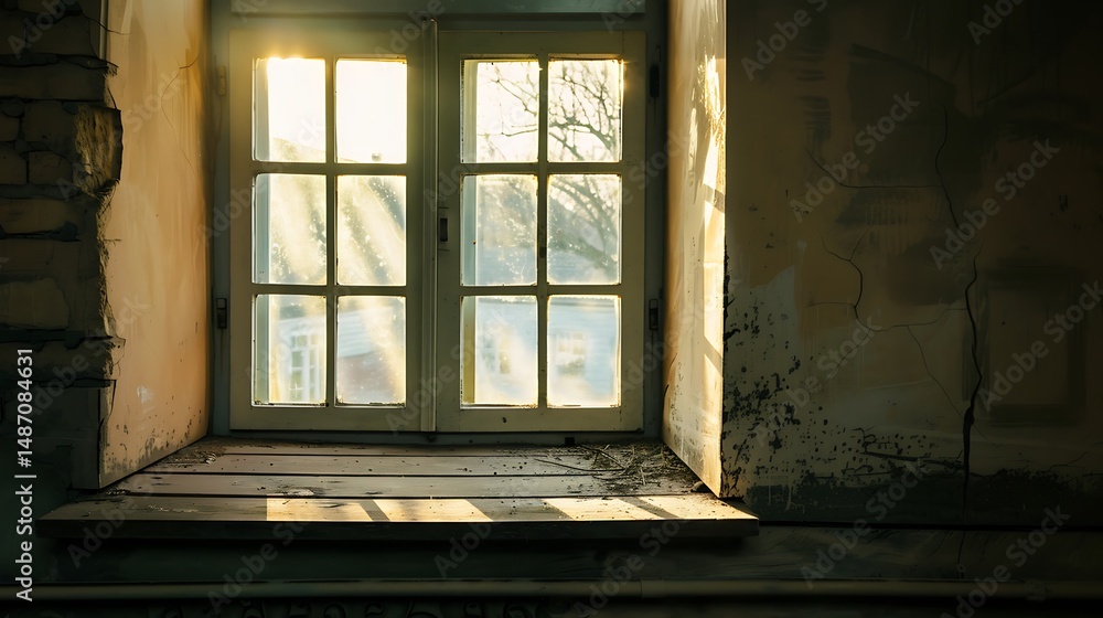 Poster old window illuminated by sunlight inside abandoned building with aged walls and dust