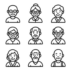 Fototapeta premium A set of doodle line icons showing elderly men and women avatar with various hairstyles and expressions, perfect for senior care and community content
