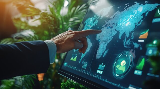 Global data visualization on interactive touchscreen display.