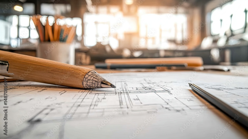 Poster detailed architectural blueprint: close-up view of an intricate blueprint for a modern architectural
