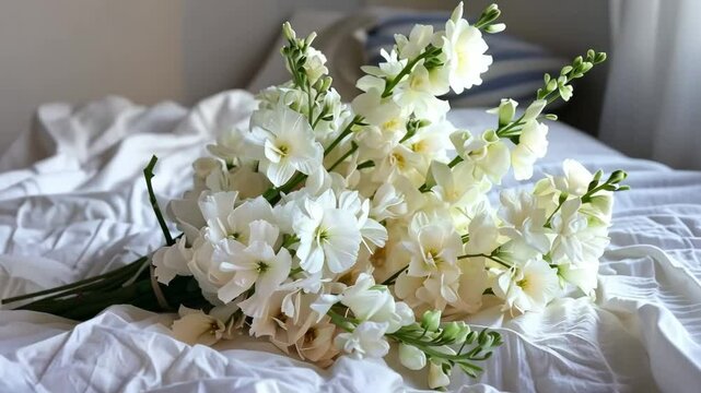This video features a stunning bouquet of white matthiola flowers elegantly arranged and placed on a soft, inviting bed, creating a serene and delicate atmosphere in the room.