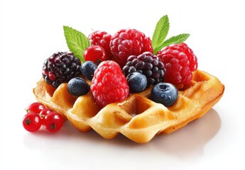 Delicious waffle topped with fresh berries and mint.