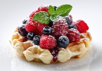 Fresh waffle topped with berries and mint leaves.