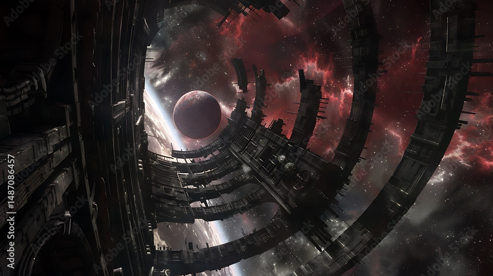 Poster orbital space station structure and planet in dark universe with stars