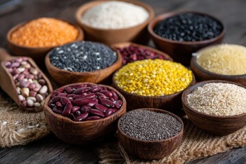 Fototapeta premium Assorted grains and legumes in wooden bowls.
