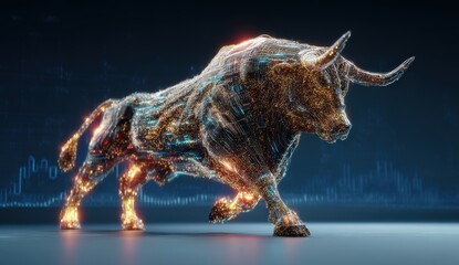 Digital bull composed of glowing circuits on dark background.