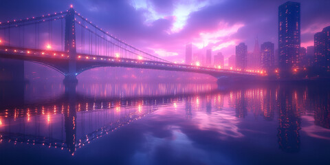 Fototapeta premium City bridge illuminated with vibrant lights at night, Urban skyline with glowing bridge, Nighttime cityscape with bridge reflection 