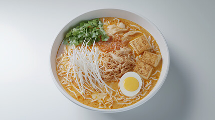A top-down view of a bowl of Laksa, a spicy noodle soup with coconut milk, shrimp, tofu, egg, and sprouts.