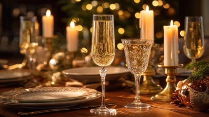 Elegant holiday dinner table with sparkling wine glasses.