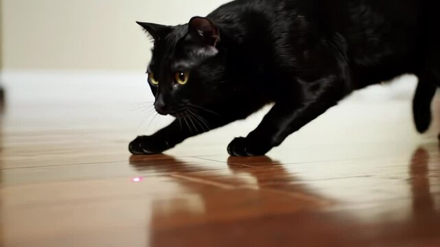 Black cat stalking laser pointer on hardwood floor