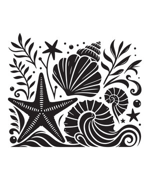 Sea shells starfish silhouette vector illustration, Starfish icon collection. 