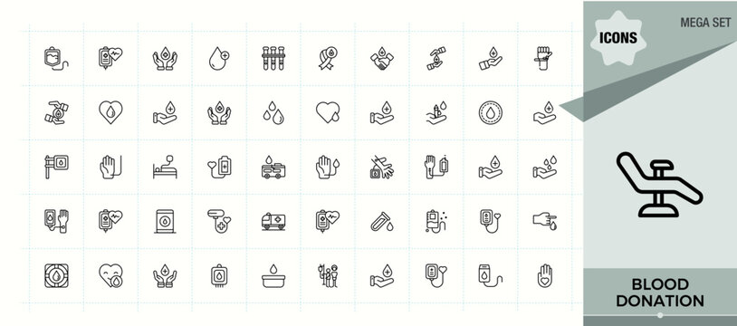Blood Donation icon set. Donor icon collection. Minimal linear icons. Containing donate, blood, donation, volunteer, care and more. Editable stroke. Vector illustration.