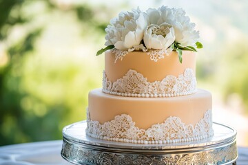 Elegant two-tiered cake adorned with delicate lace and flowers.