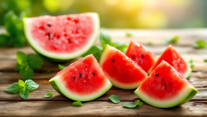 Fresh watermelon slices with mint leaves on rustic wooden table outdoors