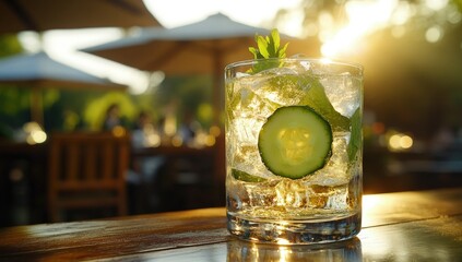 Refreshing cucumber gin and tonic cocktail at an outdoor cafe