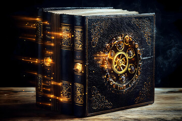 Futuristic library system where books function as interdimensional navigation tools.