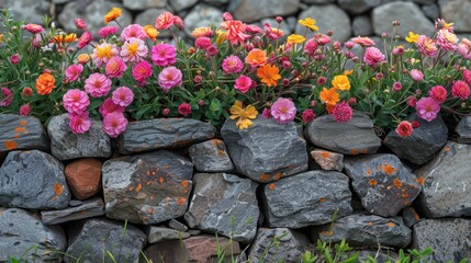 Summer blooms around an old stone wall
