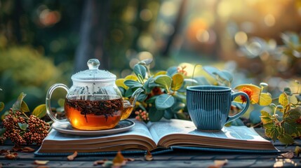 Tea pot and mug on open book in garden
