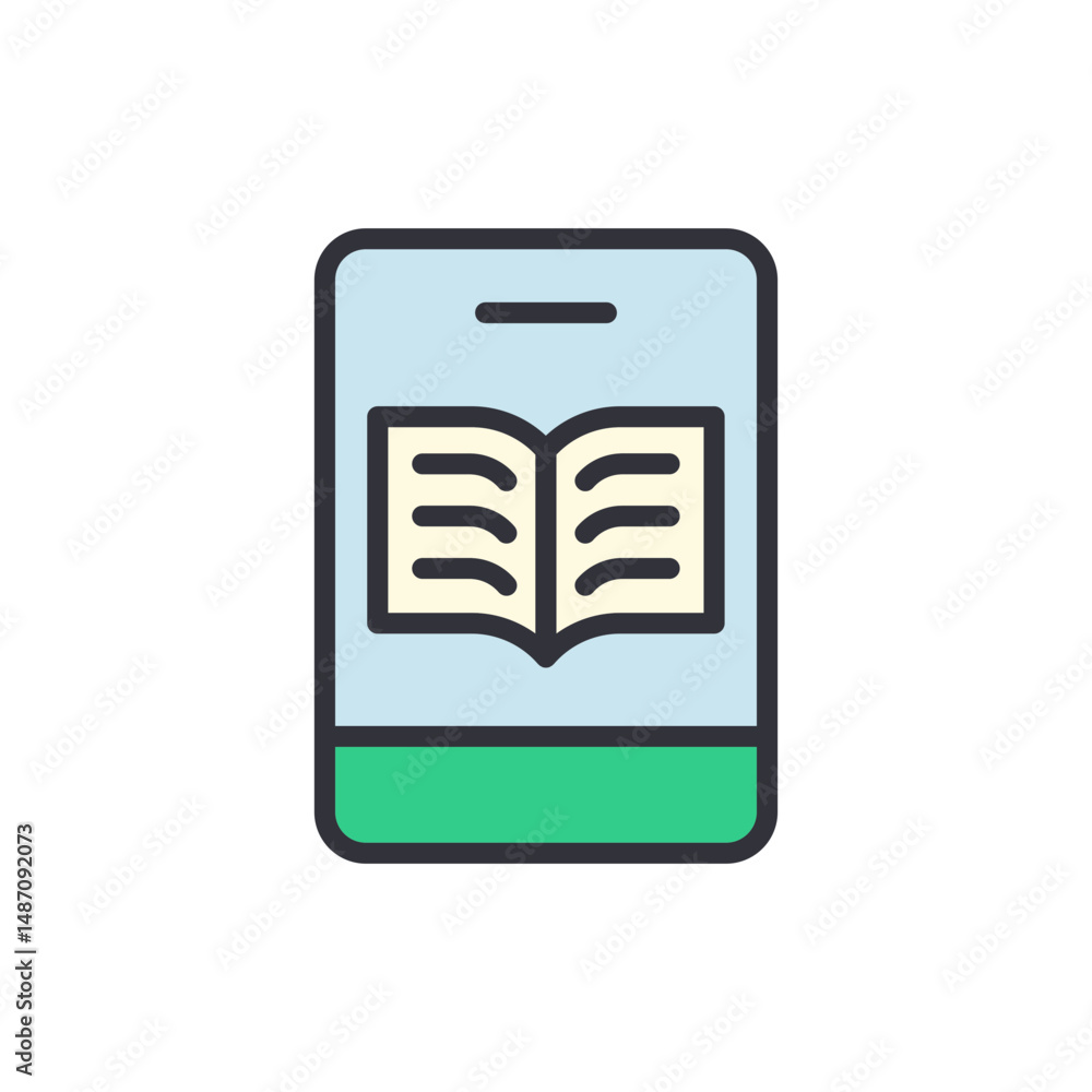Poster smartphone showing an open book for digital reading and learning