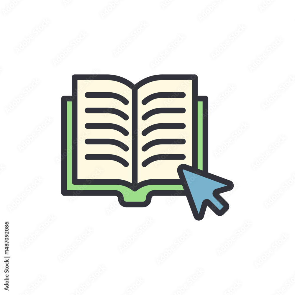 Poster online reading education with open book and computer mouse pointer