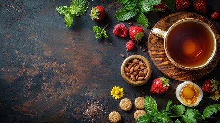 Top view of wooden table with natural breakfast setting