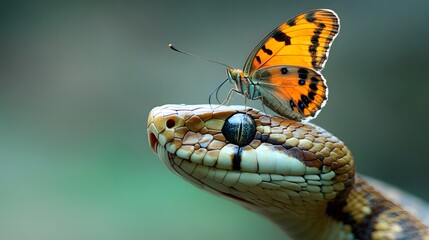 Snake and Butterfly: A curious interaction between a snake and a butterfly perched on its head.
