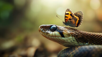 Fototapeta premium Snake and Butterfly: A curious interaction between a snake and a butterfly perched on its head. 