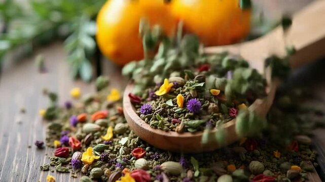 Herbal tea blend with dried flowers and leaves on a wooden surface