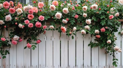 White picket fence with vines and roses