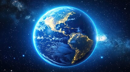 Obraz premium Digital Earth representation with glowing pixelated globe against futuristic background.