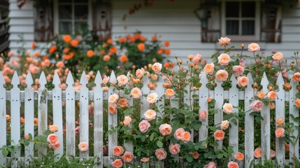 White picket fence with vines and roses