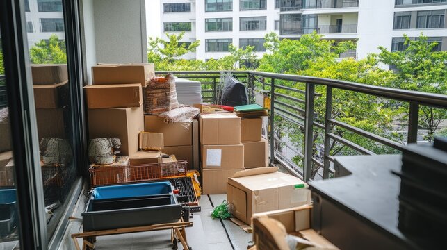 Messy storage space on balcony cluttered with boxes and old furniture