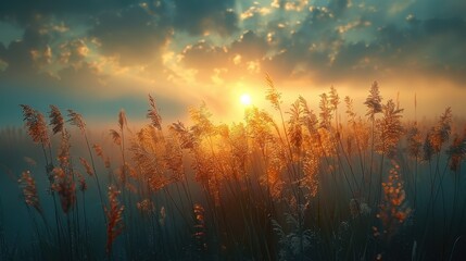 Wild grasses waving under soft afternoon sky