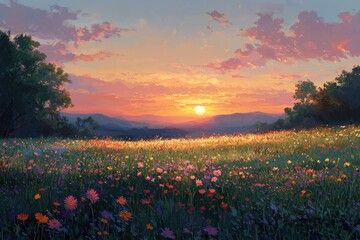 Stunning Sunset Over Vibrant Wildflower Meadow with Majestic Mountains in the Background and Colorful Sky