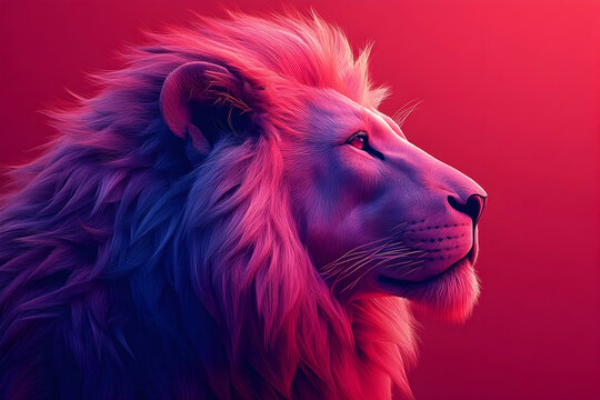 Majestic lion's head with a thick mane, bathed in surreal hues of magenta, purple, and red against a stark red background