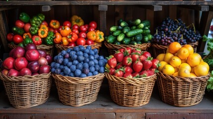 Woven baskets filled with seasonal produce