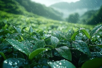 Lush Green Tea Plantation with Dew-Kissed Leaves Under Gentle Rainfall in Serene Mountain Landscape