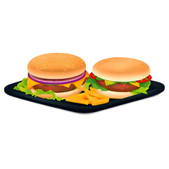  illustration of two burgers on a black tray