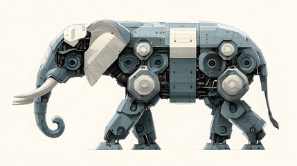 Mechanized form Grey/white elephant body, metal shell with gears and panels, on ivory backdrop