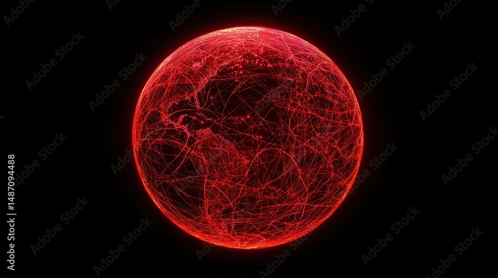 Poster digital globe illuminated in red, showcasing intricate network lines and global geography.