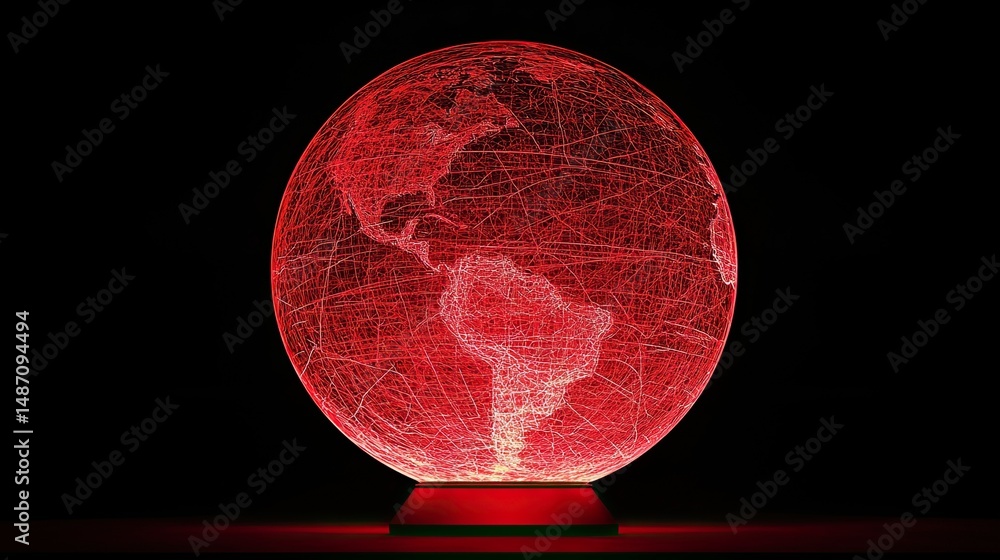 Poster digital globe illuminated in red, showcasing intricate network lines and global geography.