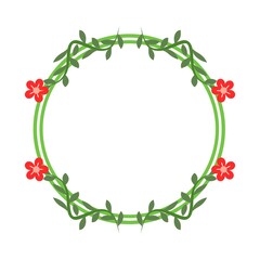Fototapeta premium A simple round frame made of green vines with small leaves and four red flowers at each corner, set against a light green background, ideal for a natural and elegant design