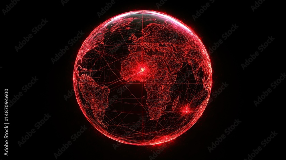Poster digital globe illuminated in red, showcasing intricate network lines and global geography.