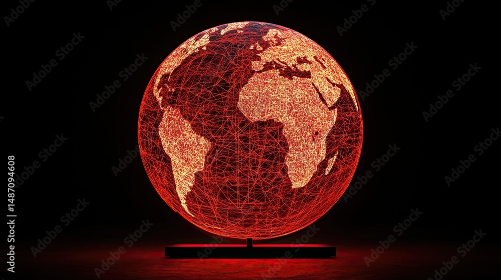 Poster digital globe illuminated in red, showcasing intricate network lines and global geography.