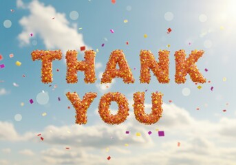 Thank you message with confetti and clouds graphic design