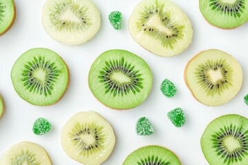 Fototapeta premium Kiwi slices and green gummies arranged on a white surface.