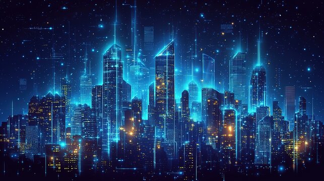 Futuristic Cityscape with Glowing Blue Digital Skyscrapers (Tech Innovation, Data Flow Architecture, Neon Cyber Aesthetic) 