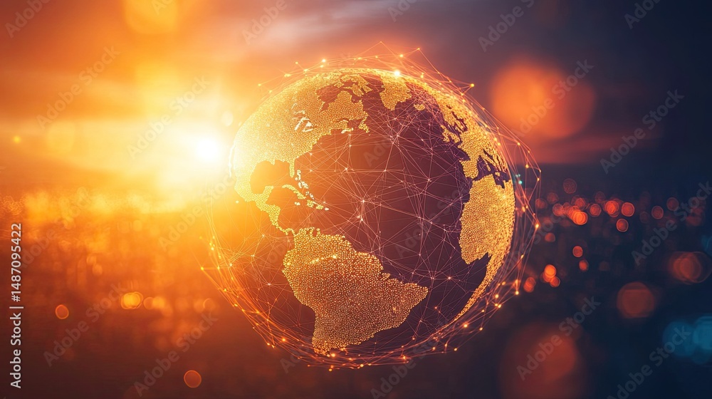 Poster digital globe with network overlay, symbolizing global connectivity and technology in blurred backgr